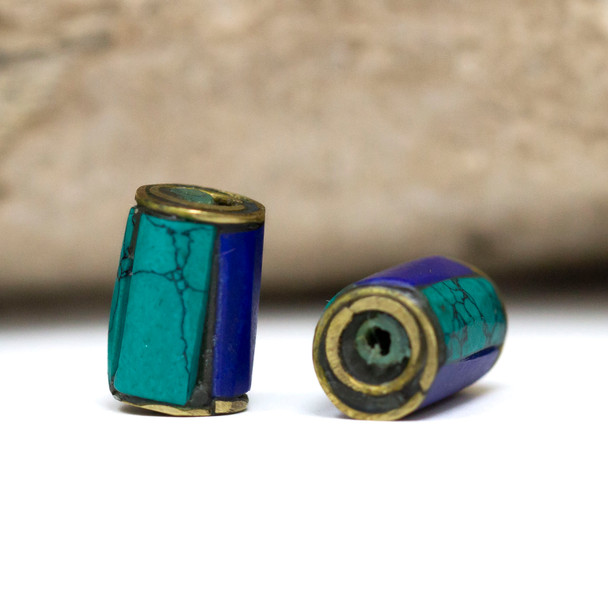 Magnesite & Lapis Brass Inlaid 8x13mm Tube Bead