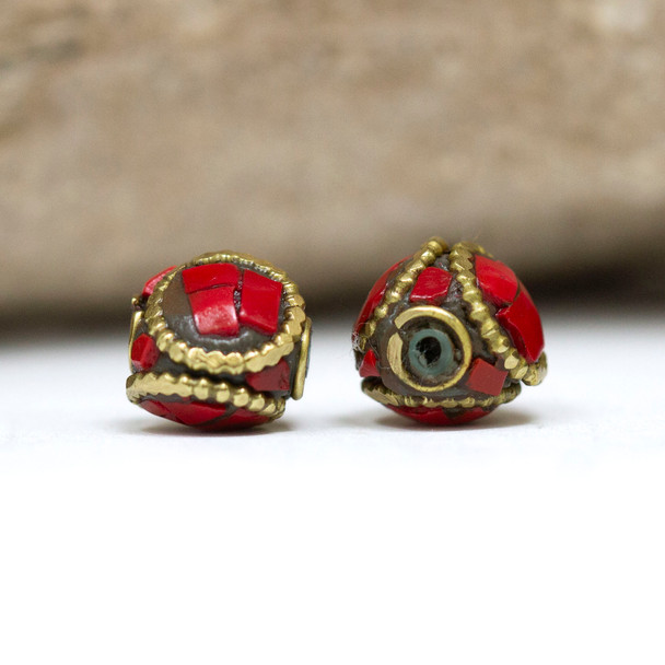 Red Coral 10mm Brass Inlaid Faceted Round Bead