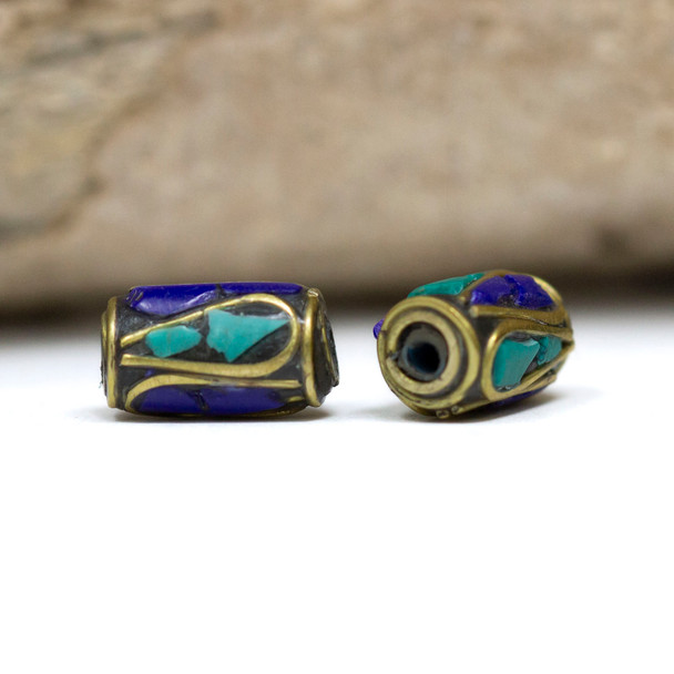 Turquoise & Lapis 12x7mm Brass Inlaid Tube Bead - Sold Individually