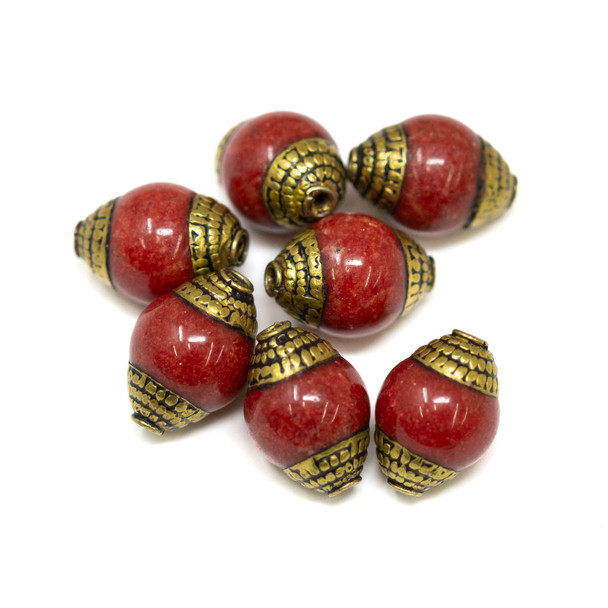 Red Coral Bead 10x14mm with Brass Tibetan Cap