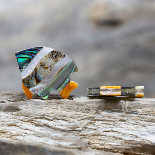Spiny Oyster & Abalone Inlay Polished 20x25mm Double Sided Fish Bead