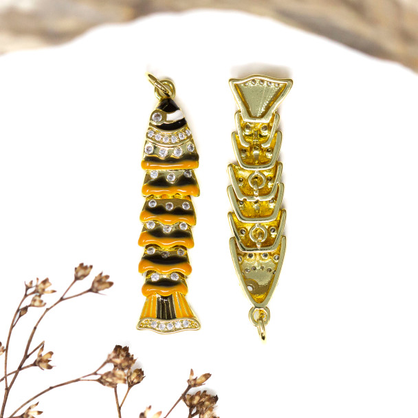 Gold Plated Enamel Micro Pave 36x8mm Burnt Orange Sardine Fish Charm