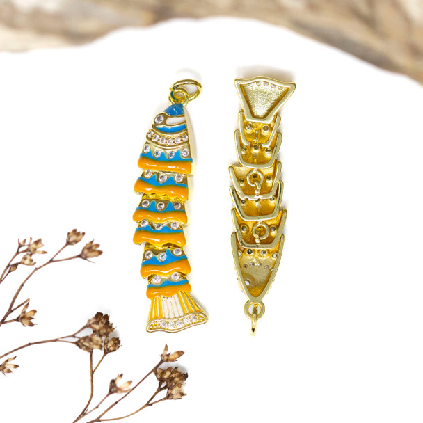 Gold Plated Enamel Micro Pave 36x8mm Blue and Orange Sardine Fish Charm