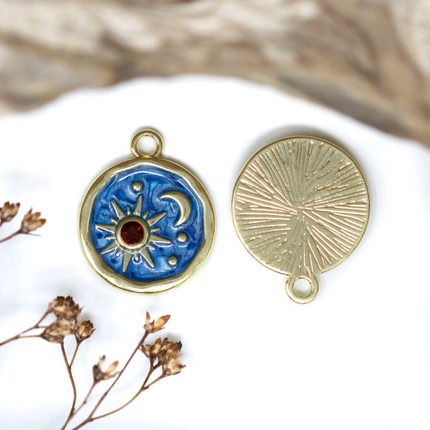 Gold Plated Blue Enamel 17mm CZ Sun & Moon Charm
