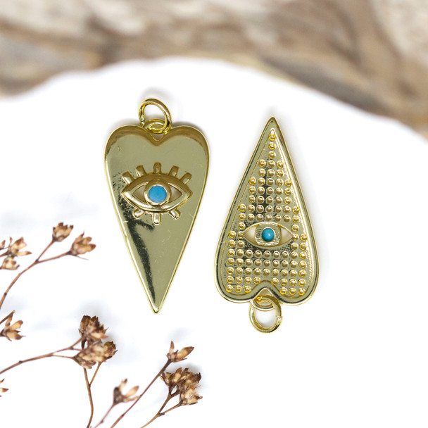 Gold Plated Micro Pave 24x13mm Blue Eye Long Heart Charm
