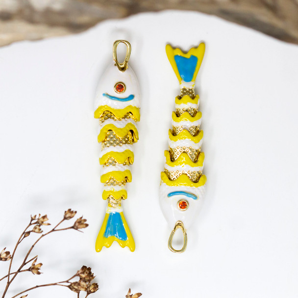 Gold Plated Enamel Micro Pave 46x10mm Yellow, Aqua, White Sardine Fish Charm