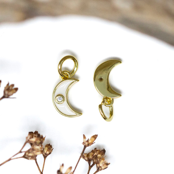 Gold Plated Micro Pave Enamel 10x6mm CZ White Enamel Moon Charm