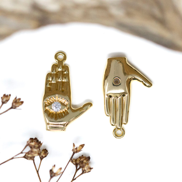 Gold Plated Micro Pave 20x13mm Palm with Evil Eye Charm