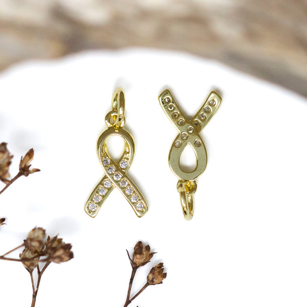 Gold Plated Micro Pave 13x6mm Awareness Ribbon Charm