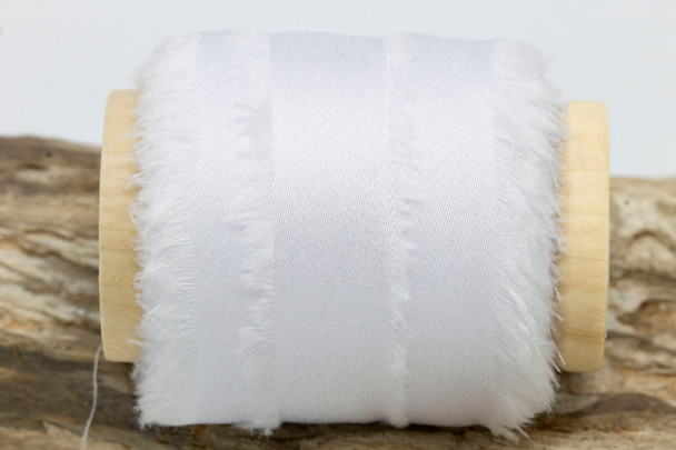 1 1/2 Inch Frayed Satin Ribbon - White - Sold by the Foot