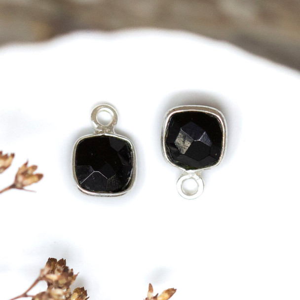 Black Onyx Polished Sterling Silver 6mm Faceted Square Charm