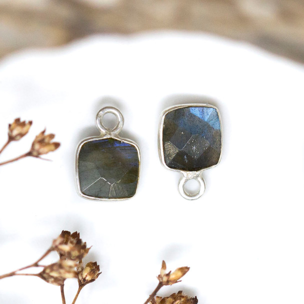 Labradorite Polished Sterling Silver 6mm Faceted Square Charm