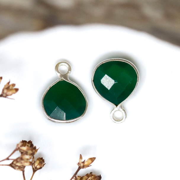 Green Onyx Polished Sterling Silver 8mm Faceted Briolette Charm