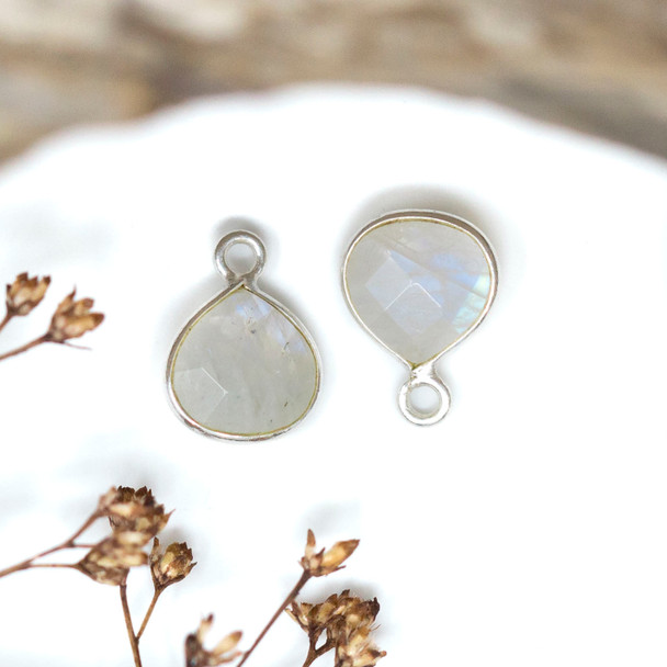 Rainbow Moonstone Polished Sterling Silver 8mm Faceted Briolette Charm