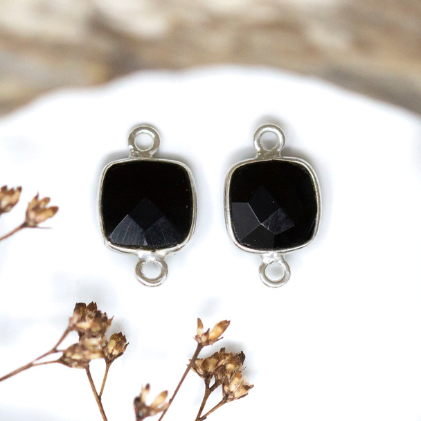 Black Onyx Polished Sterling Silver 8mm Faceted Square Connector