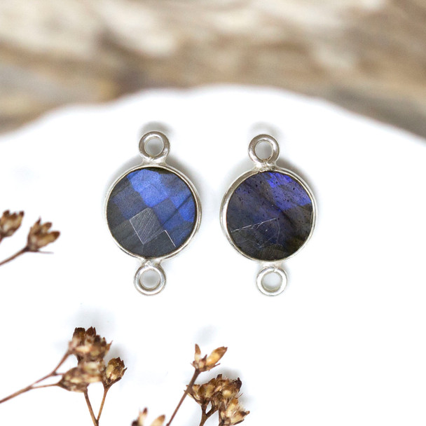 Labradorite Polished Sterling Silver 8mm Faceted Coin Connector
