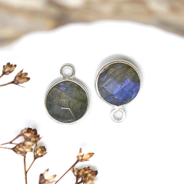 Labradorite Polished Sterling Silver 8mm Faceted Coin Charm