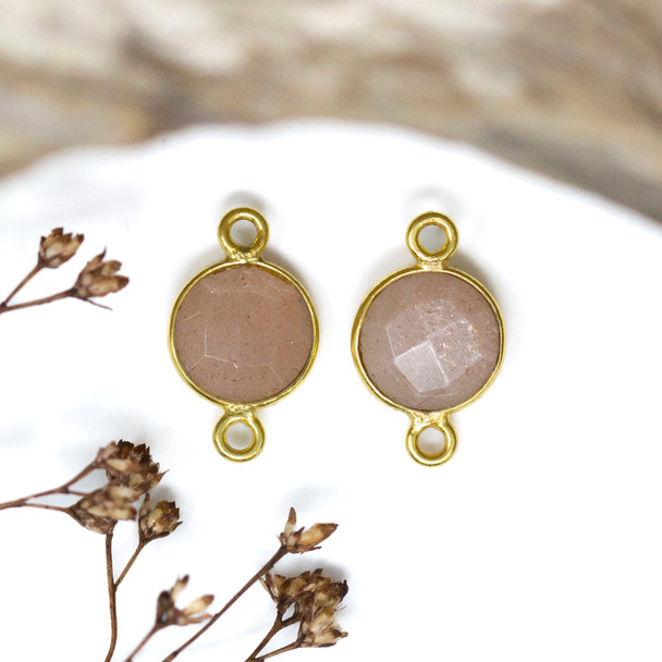 Peach Moonstone Polished Vermielle 8mm Faceted Coin Connector