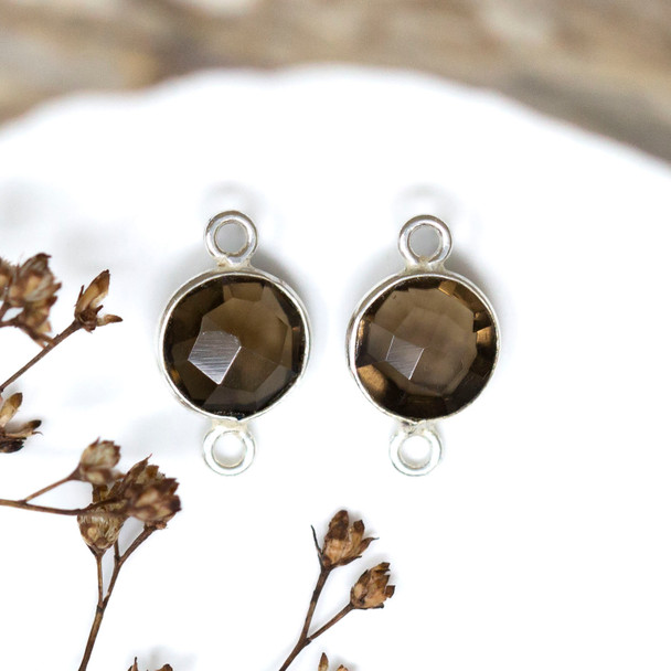 Smoky Quartz Polished Sterling Silver 8mm Faceted Coin Connector