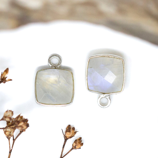 Rainbow Moonstone Polished Sterling Silver 8mm Faceted Square Charm