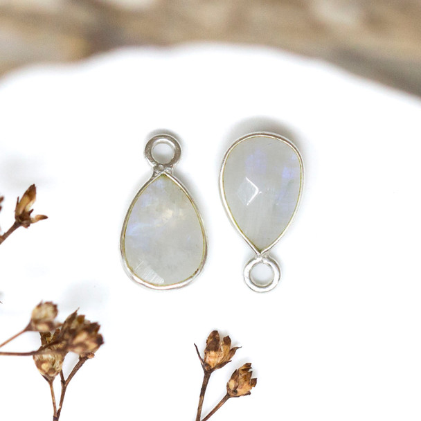 Rainbow Moonstone Polished Sterling Silver 6x9mm Faceted Drop Charm