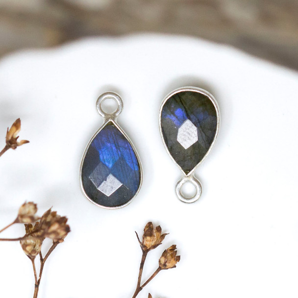 Labradorite Polished Sterling Silver 6x9mm Faceted Drop Charm