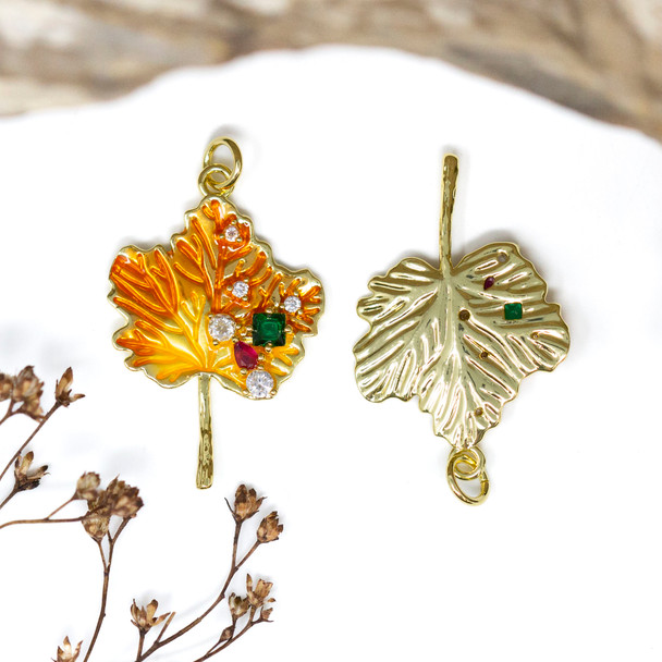 Gold Plated Enamel Micro Pave 20x30mm Maple Leaf Charm