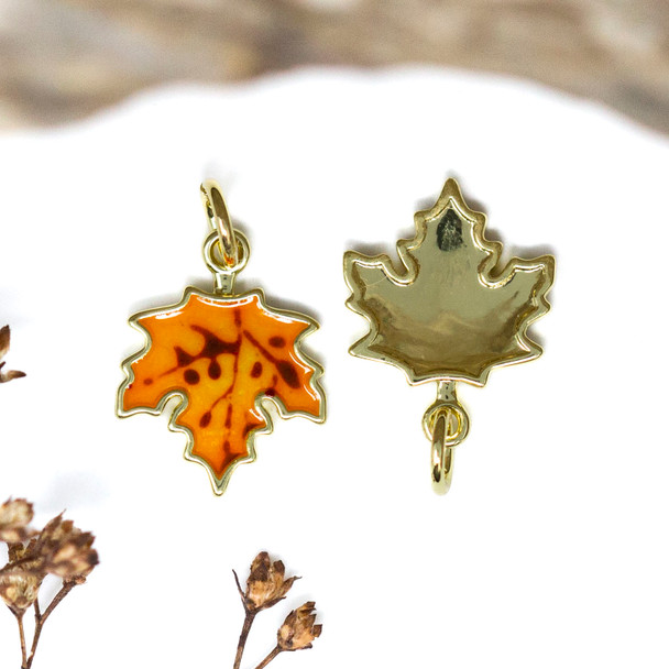 Gold Plated Enamel 12x12mm Orange Maple Leaf Charm