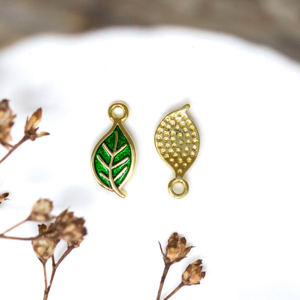 Gold Plated Enamel 4x9mm Tiny Green Leaf Charm