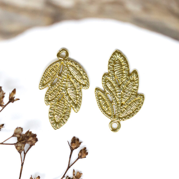 Gold Plated 12x20mm Textured Golden Leaf Charm
