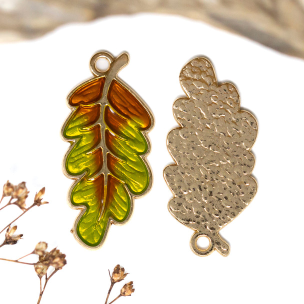 Gold Plated Enamel Alloy 36x17mm Autumn Leaf Charm