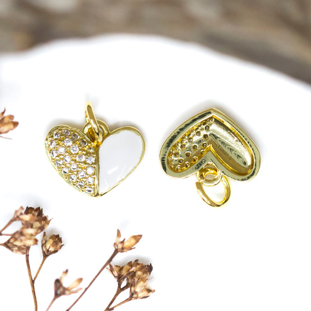 Gold Plated Enamel Micro Pave 10x12mm White Heart Charm