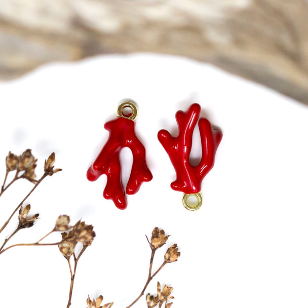 Gold Plated Enamel Alloy 16x10mm Red Coral Branch Charm
