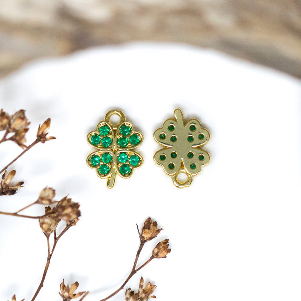 Gold Plated Micro Pave 11x8mm Green Clover Charm