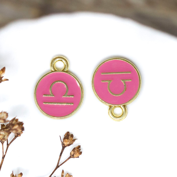 Gold Plated Enamel 10mm Pink Libra Zodiac Charm