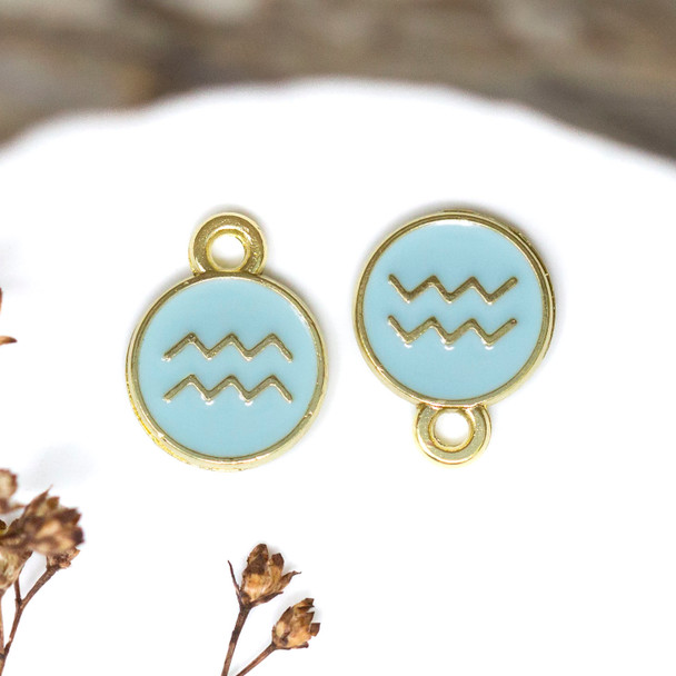 Gold Plated Enamel 10mm Light Blue Aquarius Zodiac Charm