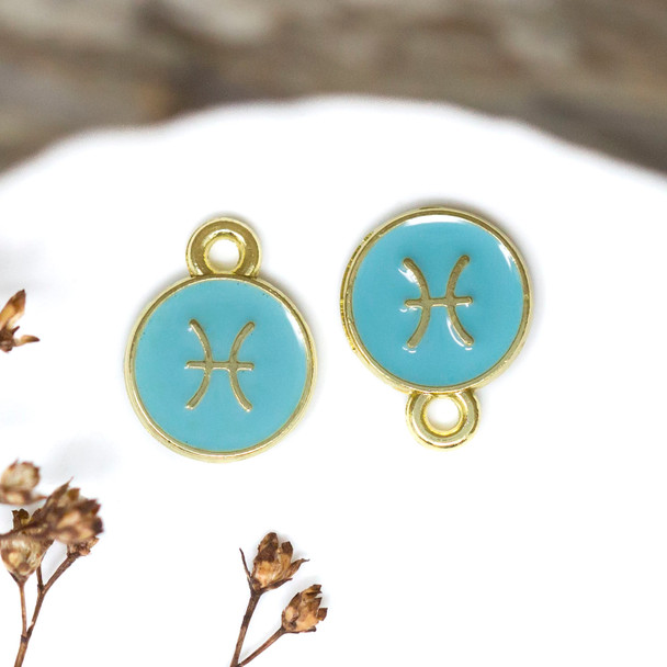 Gold Plated Enamel 10mm Aqua Pisces Zodiac Charm