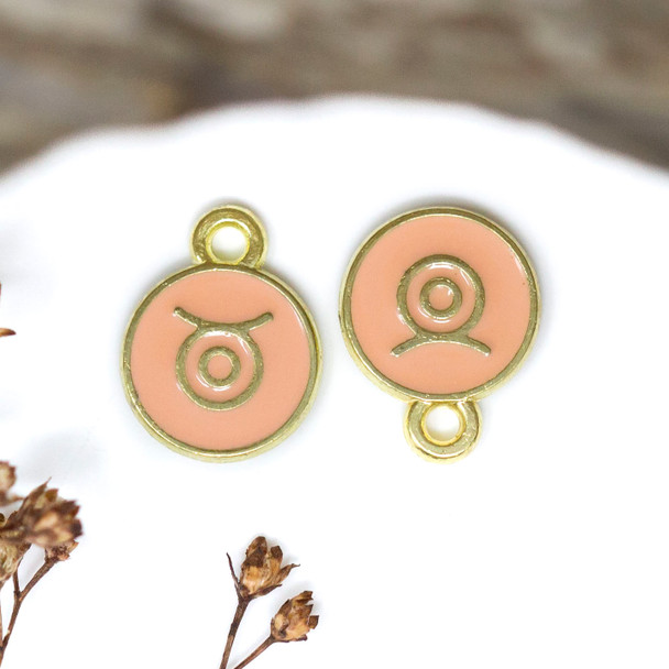 Gold Plated Enamel 10mm Peach Taurus Zodiac Charm