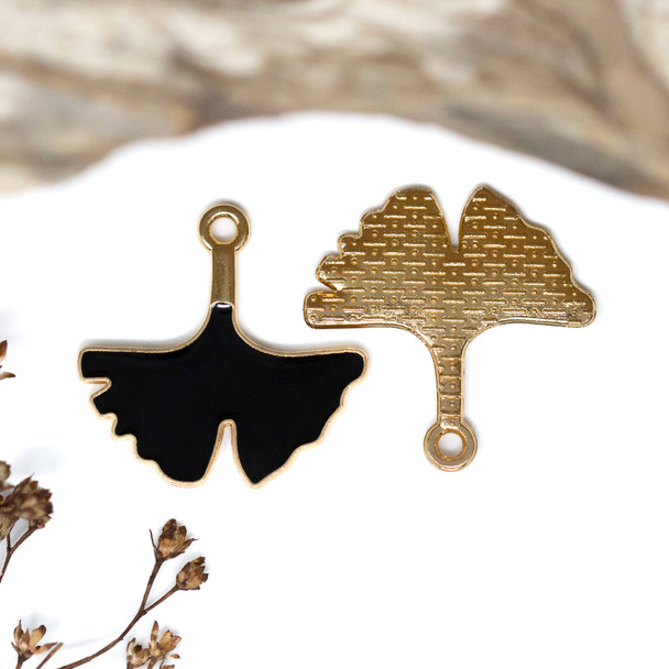 Gold Plated Enamel Alloy 22mm Black Ginkgo Leaf Charm