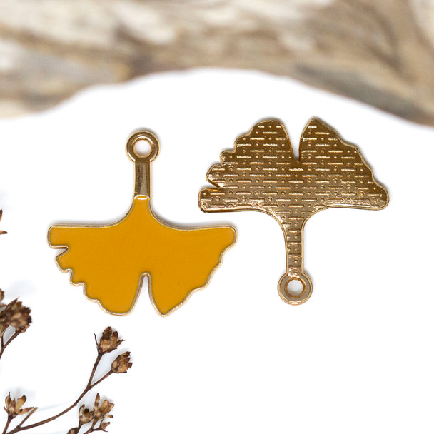 Gold Plated Enamel Alloy 22mm Orange Ginkgo Leaf Charm