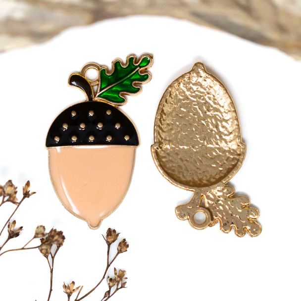 Gold Plated Enamel Alloy 19x37mm Acorn Charm
