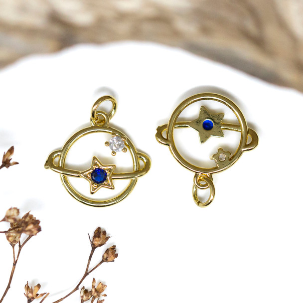 Gold Plated Micro Pave 17mm Blue Star Planet Charm