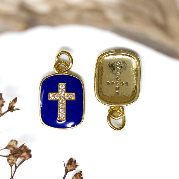 Gold Plated Micro Pave Enamel 16x11mm Blue Cross Charm