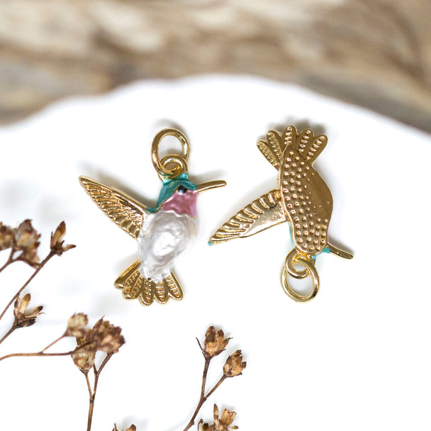Gold Plated Enamel 15mm Hummingbird Charm