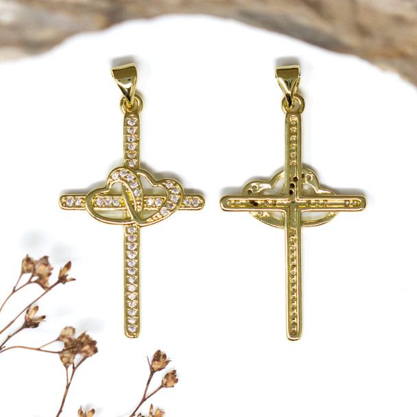 Gold Plated Micro Pave 37x22mm Heart Cross Charm