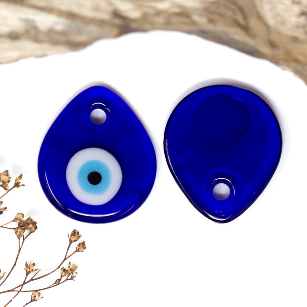 Glass Polished 35x30mm Blue Evil Eye Drop Lampwork Pendant