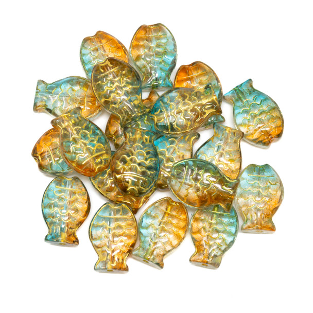 Glass 14x10mm Teal, Orange with Gold Finish Fish Beads - 20 Pieces