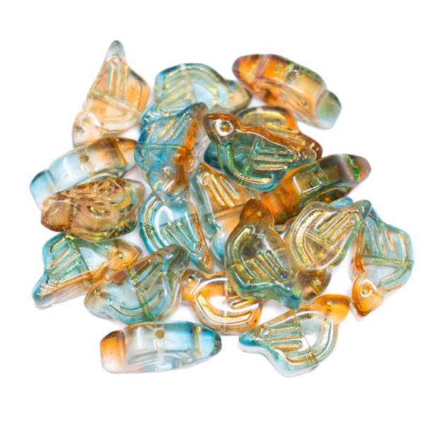 Glass 18x10mm Teal, Orange with Gold Finish Bird Beads - 20 Pieces