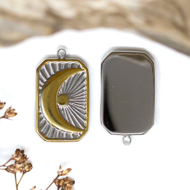 Gold Plated Stainless Steel 20x13mm Sun & Moon Rectangle Charm