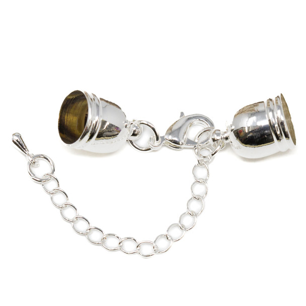 Silver Plated 9mm Cord Ends with Clasp and Extension Chain - 1 Set